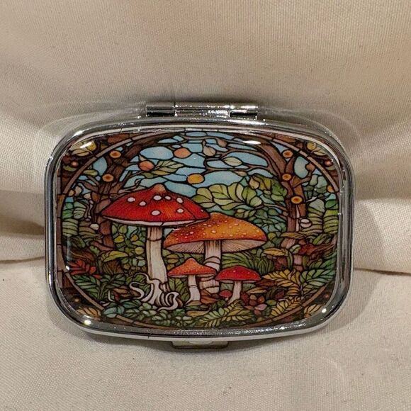 Whimsical Mushroom Forest Travel Pill Box 2 Compartment Medicine Pill Case NEW - Picture 1 of 5